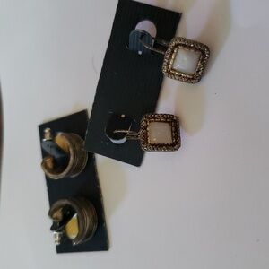 2 pairs Fashion Earrings Square White Drops and Antiqued Silver Half Hoops